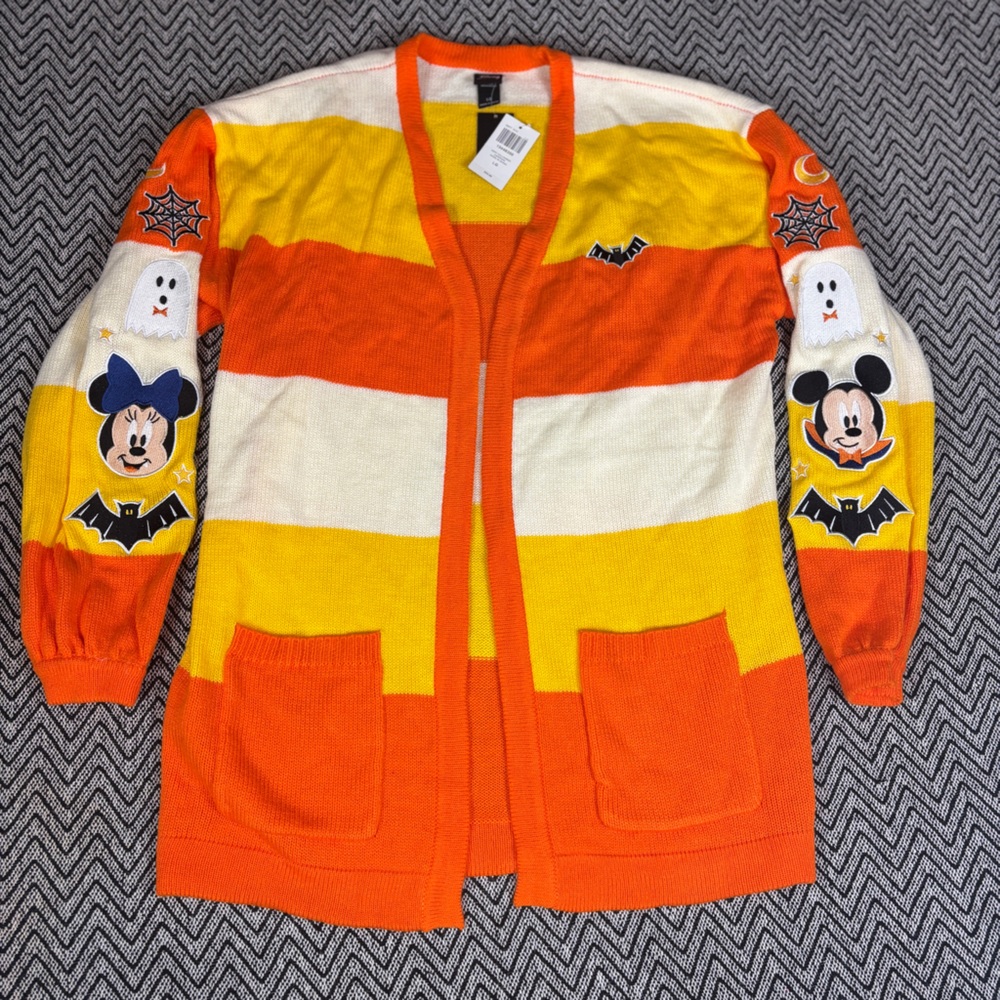Disney Her Universe Orange and Yellow Candycorn Knit Cardigan w/ Mickey & Minnie
